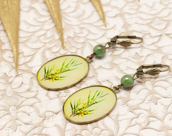 Earrings resin pearl brass bronze green yellow flower mimosa for women handmade