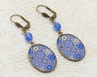 Boucles d'oreilles résine perles laiton bronze bleu blanc Lisbonne Azulejos pour femme rétro fait main