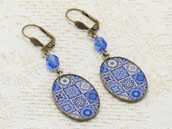 Boucles D'oreilles Goutte Perles Résine Bleu Ciel - Acier Inoxydable Doré - Clous - Neuf Avec étiquettes