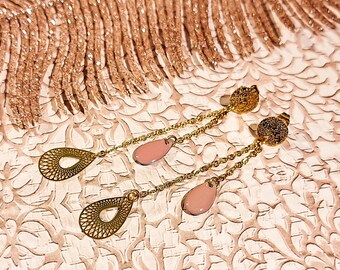 Sequin drop earrings in gold-plated stainless steel with chains, boho chic jewelry, handmade gift for women