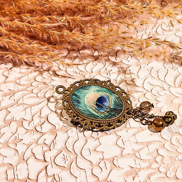 Broche résine laiton bronze perles plume paon pour femme fait main pièce rare motif au choix bronze
