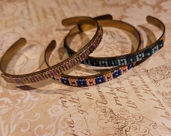 Bracelet estampe perles ruban liberty laiton bronze vieilli- fleur - pour femme - tissage à la main