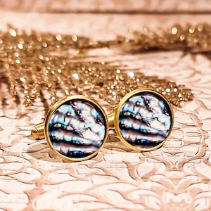 Resin costume cufflinks for men with iridescent pearl effect pattern for Father's Day in brass or stainless steel