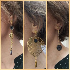 Boucles d'oreilles trio perle résine laiton doré noir feuille monstera pour femme modèle asymétrique philodendron fait main image 2