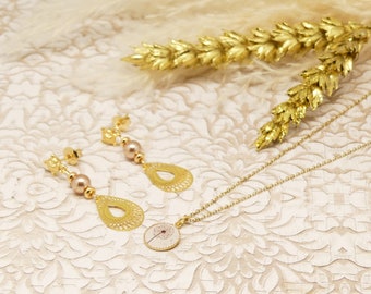 Coffret parure nature boucles collier dandelion goutte beige et doré résine pour femme minimaliste fait main