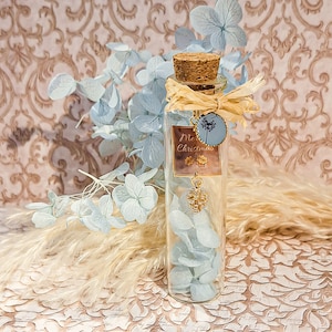 Frasco de decoração garrafa de vidro mensagem feliz natal resina coração flor hortênsia pampas presente desejos artesanais