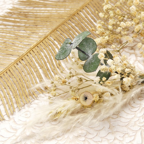 Boutonnière Dandelion fleurs gypsophile eucalyptus pour homme laiton doré vert ivoire fleur résine bijou cérémonie mariage fait main