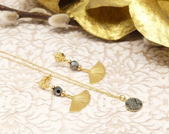 Coffret parure rétro arabesques boucles collier gris noir et doré résine pour femme minimaliste fait main art deco