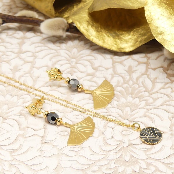 Coffret parure rétro arabesques boucles collier gris noir et doré résine pour femme minimaliste fait main art deco