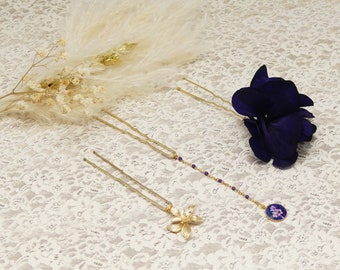 3 pins bun hairstyle resin pearl golden brass purple flower for women hydrangea orchid sakura handmade