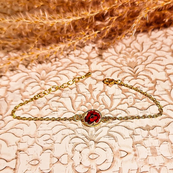 Bracelet motif au choix pour femme en acier inoxydable & résine - fleur cerisier coquelicot