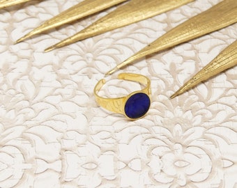 Adjustable ring gilded brass gold 24 k resin for women minimalist blue purple 10 mm handmade