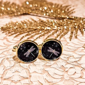 Dragonfly resin costume cufflinks 14mm for men black gray brown brass stainless steel