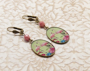 Boucles d'oreilles laiton doré ou bronze résine perle vert rose oiseau flamants roses toucan pour femme exotique fait main retro vintage