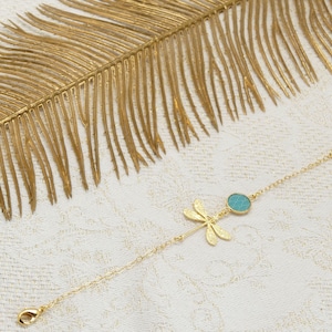 Adjustable bracelet gold-plated brass turquoise pink dragonfly wave for women young mother Japan seigaiha handmade