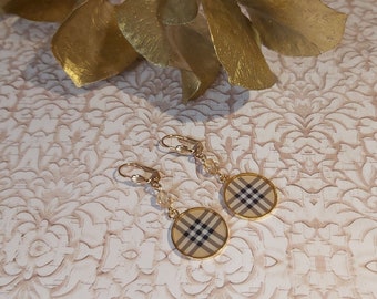 Earrings gold brass or bronze resin beads Scottish tartan tiles for women handmade tartan