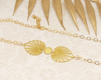 Gouden messing haarhoofdband harsparels geel beige wit laurierblad palm parelmoer voor vrouw retro vintage handgemaakt