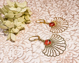 Boucles d'oreilles résine laiton doré feuille tropicale oiseau grue japonaise pour femme porte bonheur