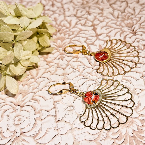 Boucles d'oreilles résine laiton doré feuille tropicale oiseau grue japonaise pour femme porte bonheur