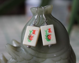 Schöne kleine Mahjong Fliesen Ohrringe, Sterling Silber Haken