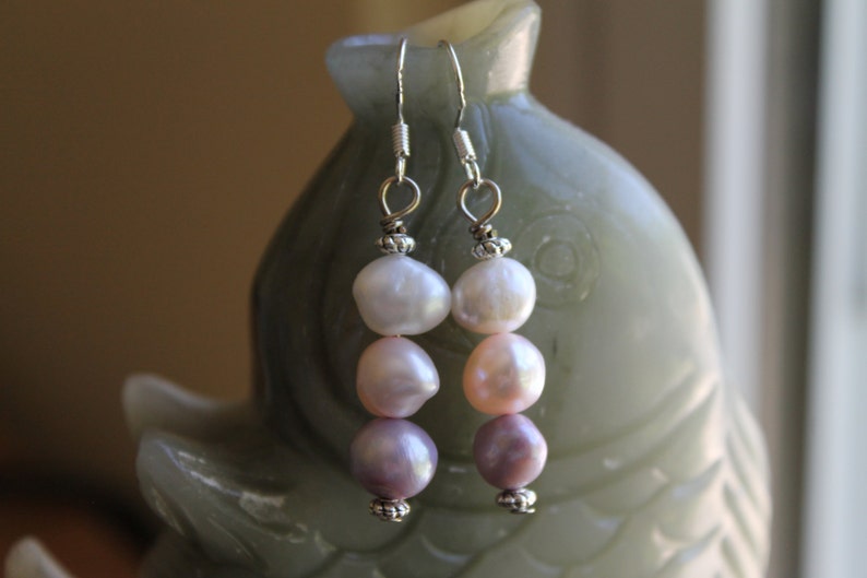 Three Color Freshwater Pearl Earrings, sterling silver hook image 2