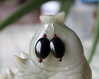 Black Oval Onyx Earrings, sterling silver hook