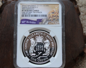 2016年エリザベス女王90歳の誕生日記念銀貨PF70 最初に鋳造された750枚