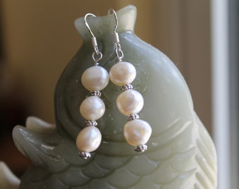 Long White Freshwater Pearl Earrings, sterling silver hook