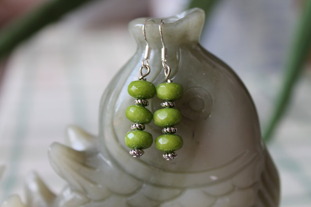 Light Green Jade Earrings, Sterling Silver Hook Etsy