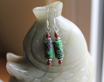 Cute Small Ruby Zoisite with Red Garnet Earrings, sterling silver hook (free shipping in USA)