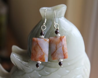 Nice Rectangle Natural Indian Agate With Red Garnet Earrings, sterling silver hook 01