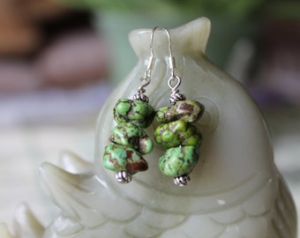Natural Free Form Green Turquoise Earrings, sterling silver hook