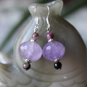 Faceted Light Purple Amethyst With Tourmaline Earrings, sterling silver hook