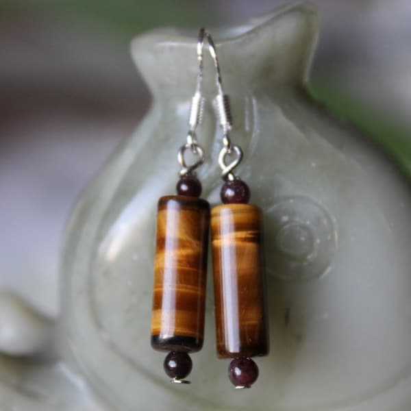 Long Column Tiger Eye With Red Garnet Earrings, sterling silver hook