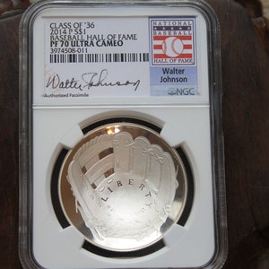 2014 P Baseball Hall of Fame Silver Coin PF70 (Walter Johnson Hand-signed)