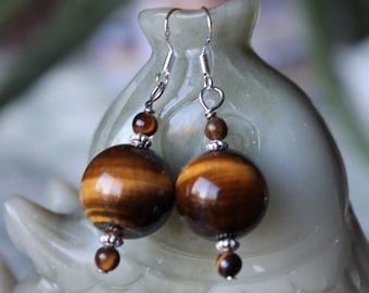 Yellow Round Tiger Eye Earrings, sterling silver hook