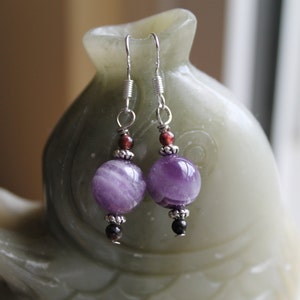 Purple Round Natural Amethyst with Red Garnet Earrings, sterling silver hook