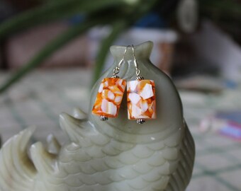 Orange Resin Mix with Mother of Pearl Earrings, sterling silver hook