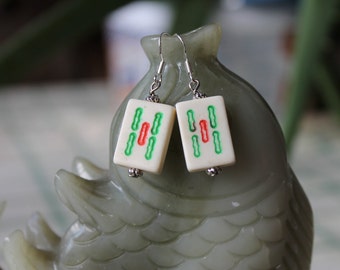 Schöne kleine Mahjong Fliesen Ohrringe, Sterling Silber Haken