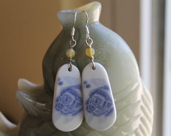 Lovely Blue and White Ceramics with Agate Earrings, sterling silver hook