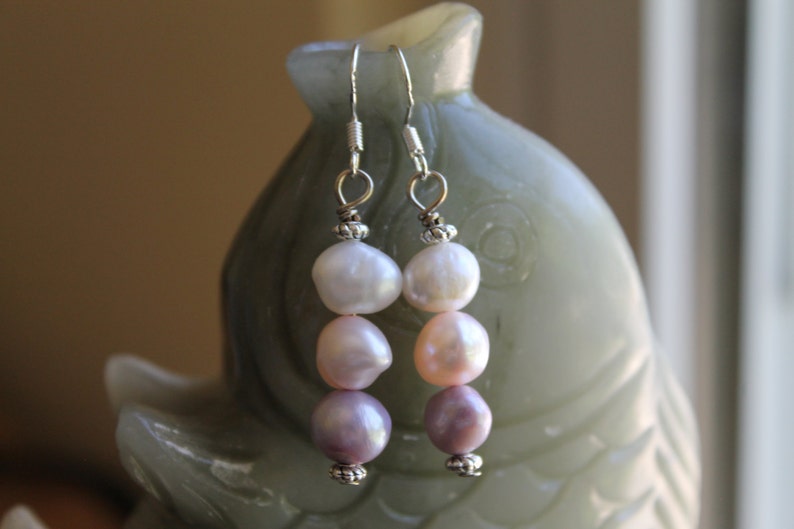 Three Color Freshwater Pearl Earrings, sterling silver hook image 1