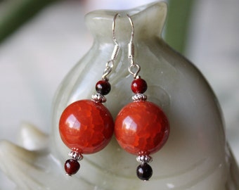 Round Red Fire Agate Earring, sterling silver hook