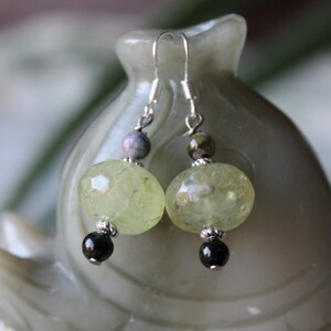Faceted Light Green Quartz With Tourmaline Earrings, sterling silver hook