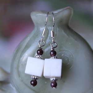 Small White Cube Coral With Red Garnet Earrings, sterling silver hook
