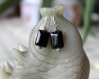Black Rectangle Onyx Earrings, sterling silver hook
