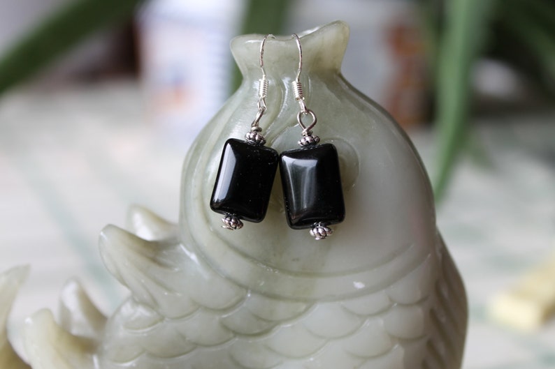 Black Rectangle Onyx Earrings sterling silver hook