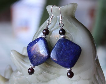 Pendientes cuadrados Lapis Lazuli, gancho de plata de ley