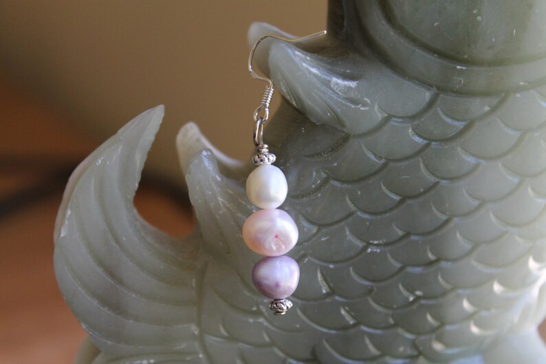 Three Color Freshwater Pearl Earrings, sterling silver hook image 3