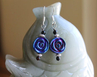 Nice Blue Hematite Flower Earrings, sterling silver hook