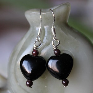 Small Heart Shape Black Onyx Earrings, sterling silver hook